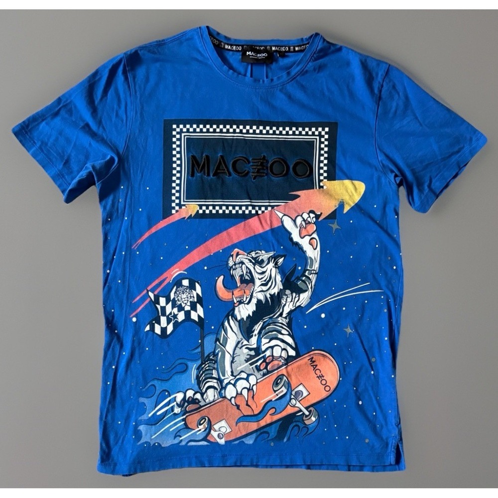 Maceoo Short Sleeve T-Shirt Streetwear Blue Skateboarding Lion Logo Large JBHS